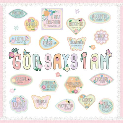 Bucherry Christian Bulletin Board Decorations Wildflowers Classroom Decor for Welcome Back God Says I Am Cutout Pastel Floral Inspirational Religious Board Sunday School Classroom Church Supplies - style: Pastel Floral