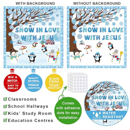 Winter Bulletin Board Decoration Set with Background Paper & Borders Cutouts for Christian Sunday School Classroom Church Decor Christmas Snow in Love with Jesus Bulletin Board Craft Home Wall(Winter) - style: Snow in Love with Jesus