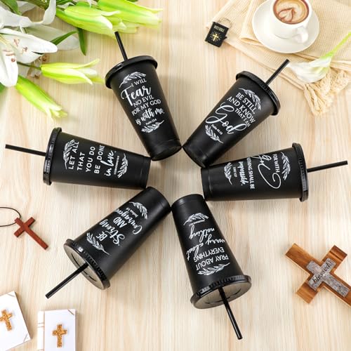 Havawish 12 Christian Tumbler Gift Bulk Religious Inspirational 24 oz Drinking Jesus Cup with Lid Straw Bible Verse Plastic Cup for Grandparents Pastor Clergy Church Sunday School, Black - color: Black