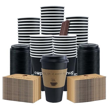16oz Disposable Coffee Cups with Lids, Kraft Sleeves & Straws, 100 Pack Black Paper Hot Drink Cups - color: Black, size: 16oz-100Pack