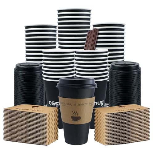 16oz Disposable Coffee Cups with Lids, Kraft Sleeves & Straws, 100 Pack Black Paper Hot Drink Cups - color: Black, size: 16oz-100Pack