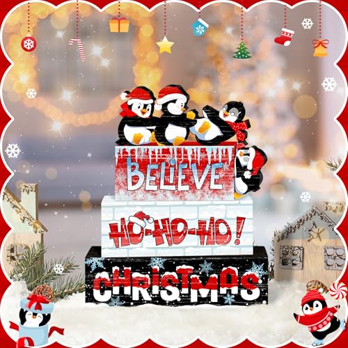 Britimes Christmas Tiered Tray Decor Set, 4 Pack Wooden Table Sign, Penguin - style: Penguin