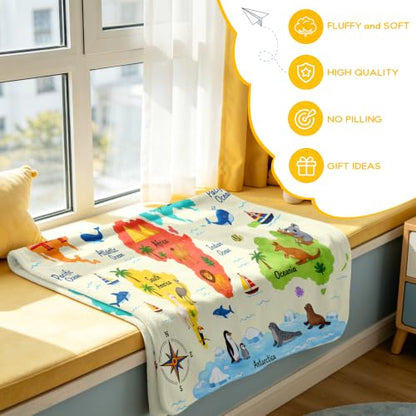 Mosslink World Map Blanket 40"x50", Boys Girls Animal Educational Throw - color: Yellow-world Map