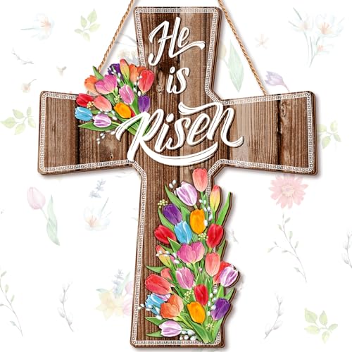 BBTO Spring Door Sign He Is Risen Hanging Decor Religious Cross Wreaths Tulip Sign for Front Door Christian Flowers Lent Hanging Hanger for Farmhouse Front Porch(vivid Flower, 13.1 x 10.6 Inches) - size: 13.1 x 10.6 inches, style: Vivid Flower