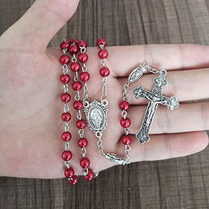 Rnivida Catholic 6MM Beads Rosary Necklace with Jesus Crucifix - color: Red