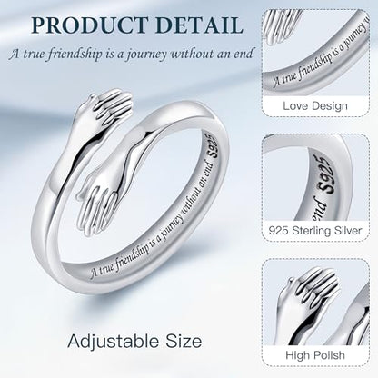 LOVECOM S925 Sterling Silver Hug Rings for Women Teen Girls Mother Daughter - color: A true friendship is a journey without an end, size: US Size 8