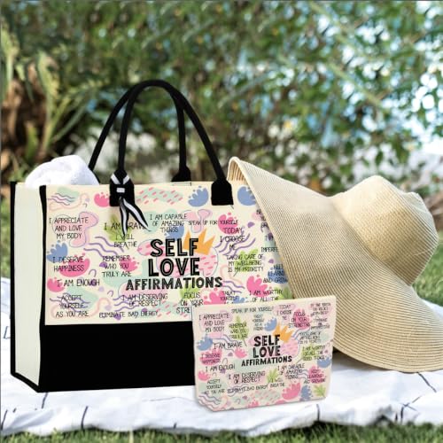 jeilink Inspirational Religious Gifts Boss Mom Birthday Christmas Tote Bag Canvas Reusable Grocery Beach Tote Black Pink - color: Self Love Affirmations 1709
