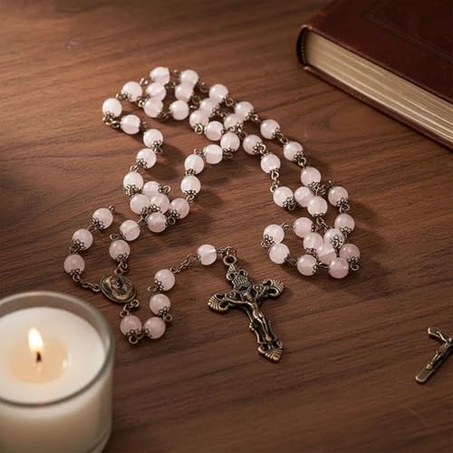 Nazareth Store Natural Stone Beads 8mm Rosary Necklace Antique Copper Design Holy Soil Medal & Cross in Velvet Bag - Catholic Rosaries Terra Santa Jerusalem Collection - color: Rose Quartz