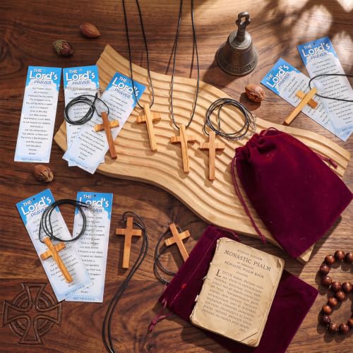 Unittype 12 Sets Christian Olive Wood Cross Necklaces with Prayer Bookmarks