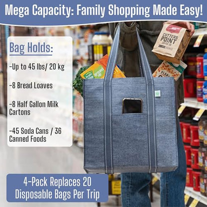 VENO 4 Pack Reusable Grocery Bags, Heavy-Duty Shopping Bags with Handles, Bags for Shopping Cart with Hard Bottom to Stand Upright, Foldable, Multi-Purpose(Gray, 4 Pack) - color: Gray