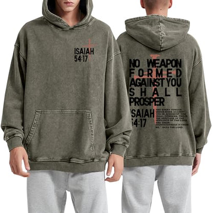 Christian Hoodies Men Jesus No Weapon Formed Against You Sweatshirts Faith God Oversized Acid Wash Graphic Pullover - color: Green, size: Small