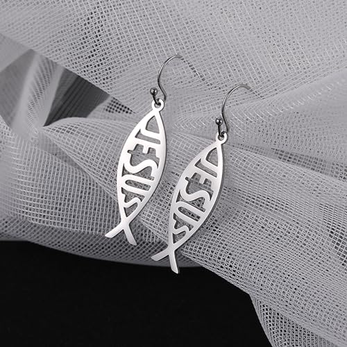 VASSAGO Jesus Fish Ichthys Faith Symbol Hook Necklace Hollow Out Design Stainless Steel Drop Dangle Earrings for Women (Set-Silver)