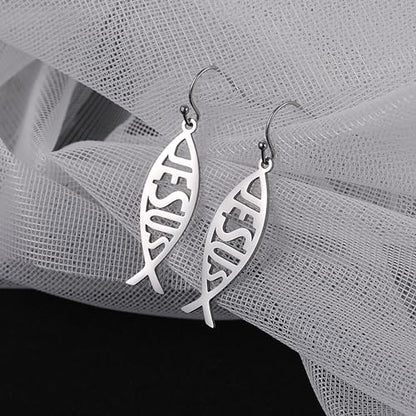 VASSAGO Jesus Fish Ichthys Faith Symbol Hook Necklace Hollow Out Design Stainless Steel Drop Dangle Earrings for Women (Set-Silver)