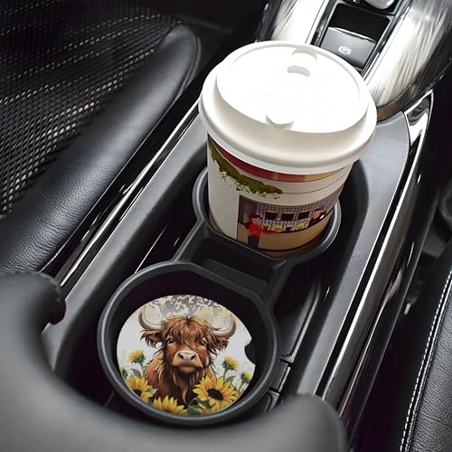 Highland Cow Car Cup Holder Coasters 2 Pack 2.63" for Women - color: Yellow