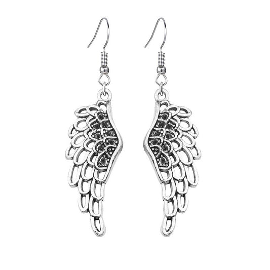 coadipress Angel Wing Earrings for Women Unique Silver Plated Fairy Feather Guardian Dangle Drop Hook Earrings Jewelry - color: Silver Hollow Wing