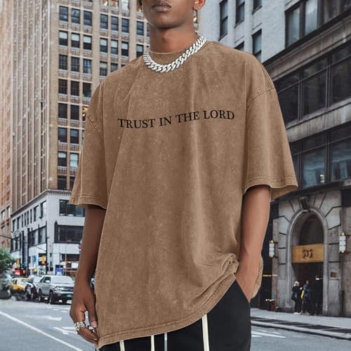 Wrenpies Mens Oversized Christian Shirts God Faith Jesus Religious Tshirts Trust in The Lord Bible Verse Tees Acid Wash Tops - color: Coffee, size: XX-Large