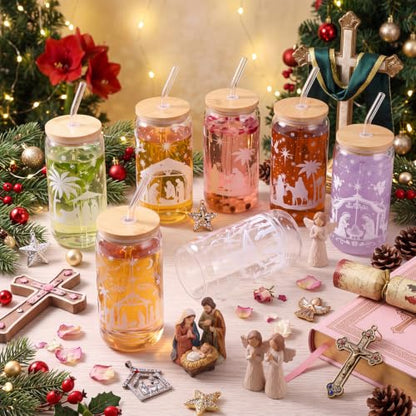 Fulmoon 6 Pcs 16 oz Nativity Scene Christmas Glass Cups with Lid and Straw - style: Christmas