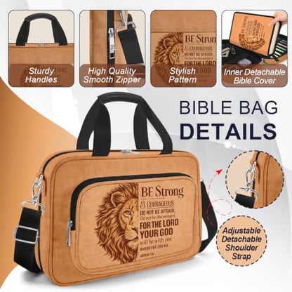 Brown Lion Large Bible Cover Case for Men, Bible Bag Carrying Case with Strap & Handle Zipper Pocket, Bible Study Supplies Journaling Kit with Pens Highlighters Tabs Christian Gift - color: Lion