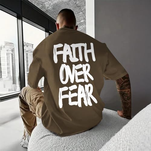 Christian Jesus Shirts for Men Faith Over Fear Shirt God Religious Bible Verse Inspirational Oversized Graphic Tees - color: Brown, size: X-Large