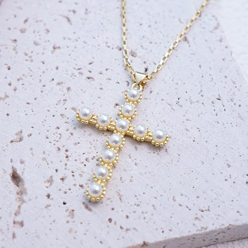 Gold Cross Necklace for Women, 14K Gold Plated - style: Pearl Cross