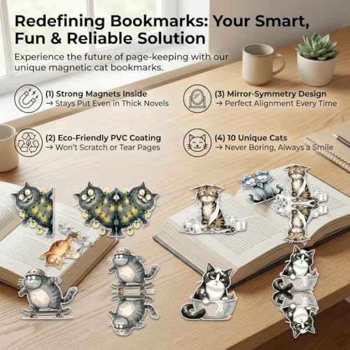 TheClover Quirky Cat Magnetic Bookmarks – Set of 10 Funny Sarcastic Kitty Page Clips, Unique Cat Gifts for Book Lovers, Creative Magnetic Bookmarks for Office, School & Journals - style: Quirky Cat Magnetic Bookmarks