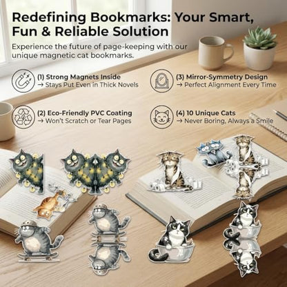 TheClover Quirky Cat Magnetic Bookmarks – Set of 10 Funny Sarcastic Kitty Page Clips, Unique Cat Gifts for Book Lovers, Creative Magnetic Bookmarks for Office, School & Journals - style: Quirky Cat Magnetic Bookmarks