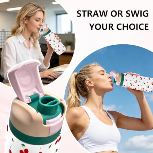 Cherry 32oz Insulated Water Bottle, Women Gift, Handle and 2-in-1 Lid, 1PCS - color: Cherry-White