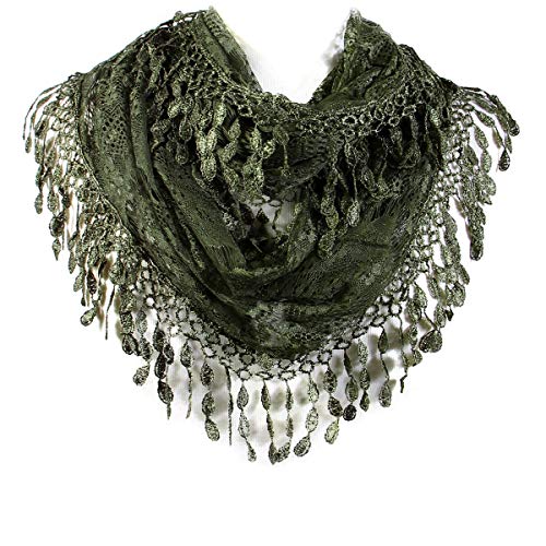 Scarf& Feminine Lace Infinity with Teardrop Fringes - color: Olive