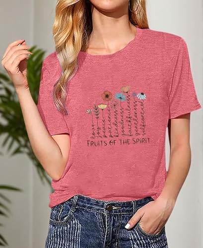 Women's Christian Shirt Fruit of The Holy Spirit Flower T-Shirt Inspirational Bible Text Top - color: Z-q6013-pink, size: Small