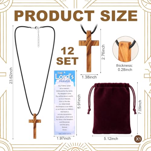 Unittype 12 Sets Christian Olive Wood Cross Necklaces with Prayer Bookmarks