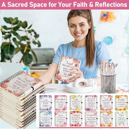 12 Sets Christian Notebooks Bulk Bible Spiral Notebooks with Pen A6 Prayer Journal Notepad Inspirational Notebook Religious Jesus Gifts Bulk for Church Groups Bible Study Teachers Men Women (Floral)