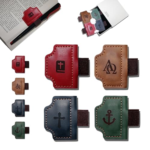 4 Pcs Personalized Magnetic Leather Bookmark Pen Holder Book Lovers Christian Gifts Bygone Mark for Reading, Red-Bible + Brown-AΩ + Blue-Cross + Green-Anchor - color: Red+brown+dblue+green, size: Bible+AΩ+Cross+Anchor
