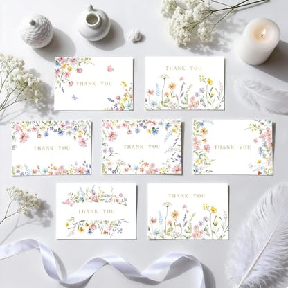 100 Sets Wildflower Thank You Cards with Kraft Envelopes Sticker Watercolor Floral Blank Greeting Cards for Mother's Day Baby Showers Valentines Holiday Birthday Wedding Party Favors - style: 100 pcs
