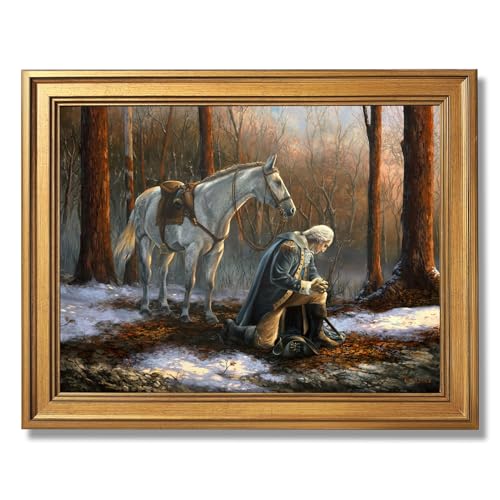 Gold Framed George Washington In Forge Valley Praying Wall Art A General Before His King Canvas Poster by Tim Davis Classic Oil Paintings Reproduction American History Print Home Decor 16x20inch - color: Praying - Gold Frame, size: 16"L x 20"W