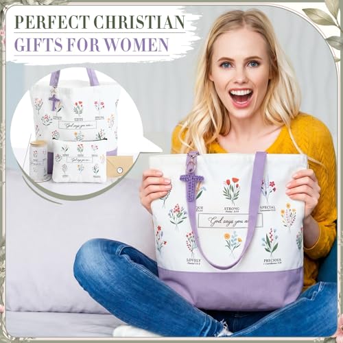 Aliceset Purple Christian Gift Set for Women Religious Gifts Bible Verse Tote Bag Inspirational Faith Based Cosmetic Bag, Cross Keychain, 16 oz Glass Cup, Coaster Greeting Card Catholic Church Gifts - color: Purple