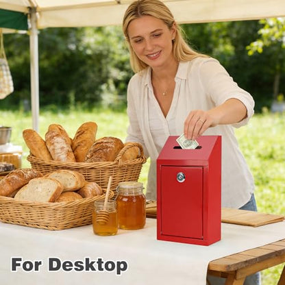 KYODOLED Cash Box for Farm Stand, Money Drop Box with Lock & Slot, Red - color: Red, size: 10.24 x 5.7 x 2.95 Inch