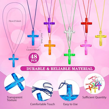 Equsion 48 Pcs Cross Necklaces Christian Religious Easter Party Favors Include 24 Plastic Crystal Cross Necklace DIY Craft Gifts with 24 Bracelet for Easter Vacation Bible Prize Favor(Jesus Loves You)