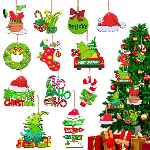 12 Piece Christmas Tree Decorations Set, Wooden Christmas Ornaments Bulk - style: ornaments set