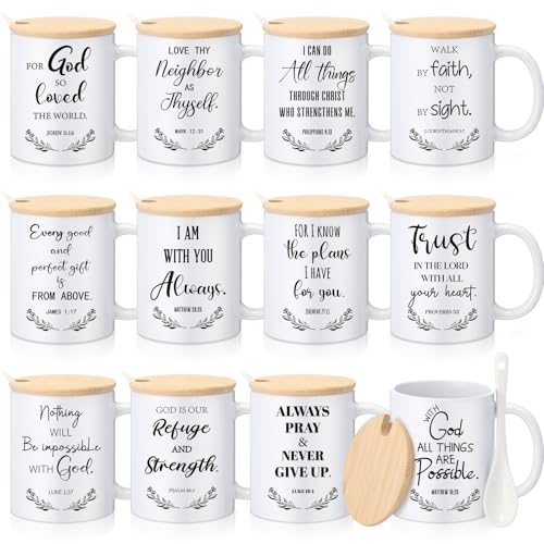 Didaey 12 Sets Christian Gifts Bulk Religious Coffee Mugs 12oz Bible Verses White Ceramic Cup with Lid Handle Spoon Inspirational Mug Church Gift for Men Coworker Employee Staff(Christian) - style: Christian