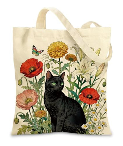 Women's Canvas Tote Bags with Inner Pockets & Metal Snap, Reusable Tote Bag for Girl's Vacation Travel Gym Shopping - color: Black Cat 2