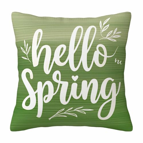 Inspirational Spring Quote Throw Pillow Cover,Hello Spring White Leaves Green Background Decorative Pillow Case,Botanical Leaf Cotton Linen Cushion Case for Home Decor 18 * 18 Inch - color: Settype08
