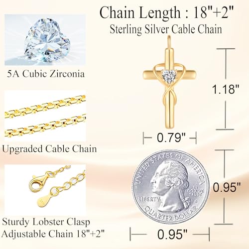 18K Gold Plated Cross Necklace for Women, 925 Sterling Silver Necklaces for Women, Infinity Heart Jewelry with 5A Cubic Zirconia, Anniversary Birthday Baptism Christian Gifts for Women Wife Her - color: Gold