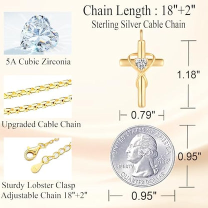 18K Gold Plated Cross Necklace for Women, 925 Sterling Silver Necklaces for Women, Infinity Heart Jewelry with 5A Cubic Zirconia, Anniversary Birthday Baptism Christian Gifts for Women Wife Her - color: Gold