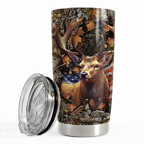 SANDJEST Deer Tumbler 20oz Stainless Steel Insulated Tumblers Coffee Travel Mug Cup Gifts for Men Gift for Birthday Christmas - color: Hunting