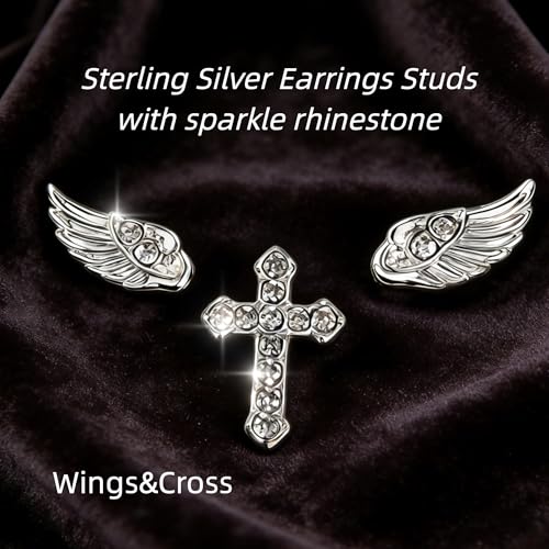 Sterling Silver Angel Wing & Cross Stud Earrings Set - Sparkly Rhinestone Helix Piercing Jewelry, Gothic Punk Cartilage Studs for Women Men Daily Wear