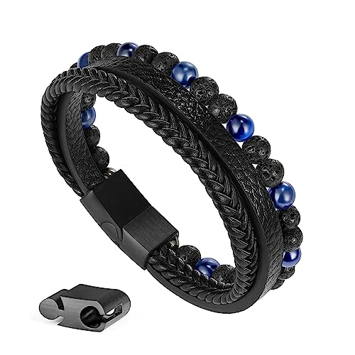 Beaded Leather Bracelets - Gifts for Men, 6mm Tiger Eye Lava Rock Stone Beads Braided Leather Bracelet Handmade Mens Bracelet With Adjustable Magnetic Clasp - color: Black-6