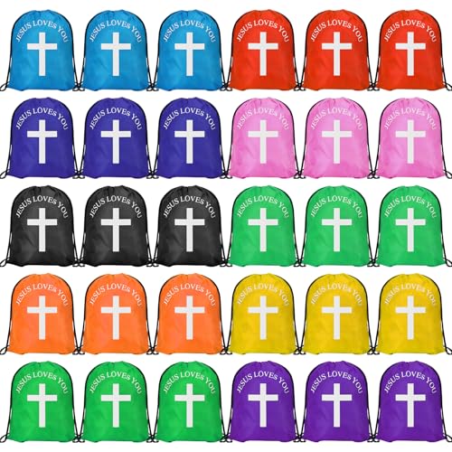 Draupnir Jesus Loves You Drawstring Backpack Bulk Church School Easter Religious Gift Bag Bible Bag Polyester Backpack for Christian Religion Gift(30 Pcs,Cross)