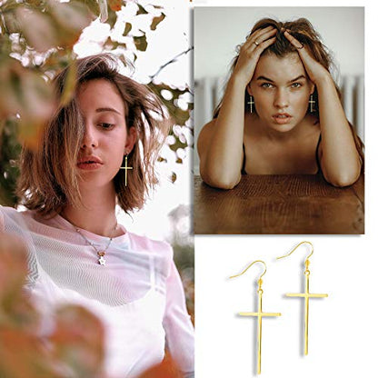Jeka Hypoallergenic Stainless Steel Cross Earrings Long Dangle Minimalist Jewelry for Women Girls Family Friends Gifts - color: Gold