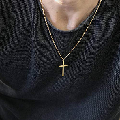 Joxevyia 14K Gold Filled Cross Necklace for Men Figaro Chain Stainless Steel Polished Cross Pendant Necklace Simple Baptism Faith Jewelry Gift - size: 22 inches, style: Big cross pendant(1.2"*0.7")