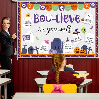 Halloween Ghost Bulletin Board Set Boo-Lieve in Yourself Affirmation Station Bulletin Board Classroom Decorations Cute Ghost Pumpkin Paper Cutouts for Halloween Party School Classroom Home Wall Decor - style: Ghost